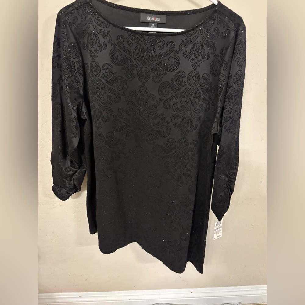 Style & Co. Black Long Sleeve Embellished Scoop Neck Top